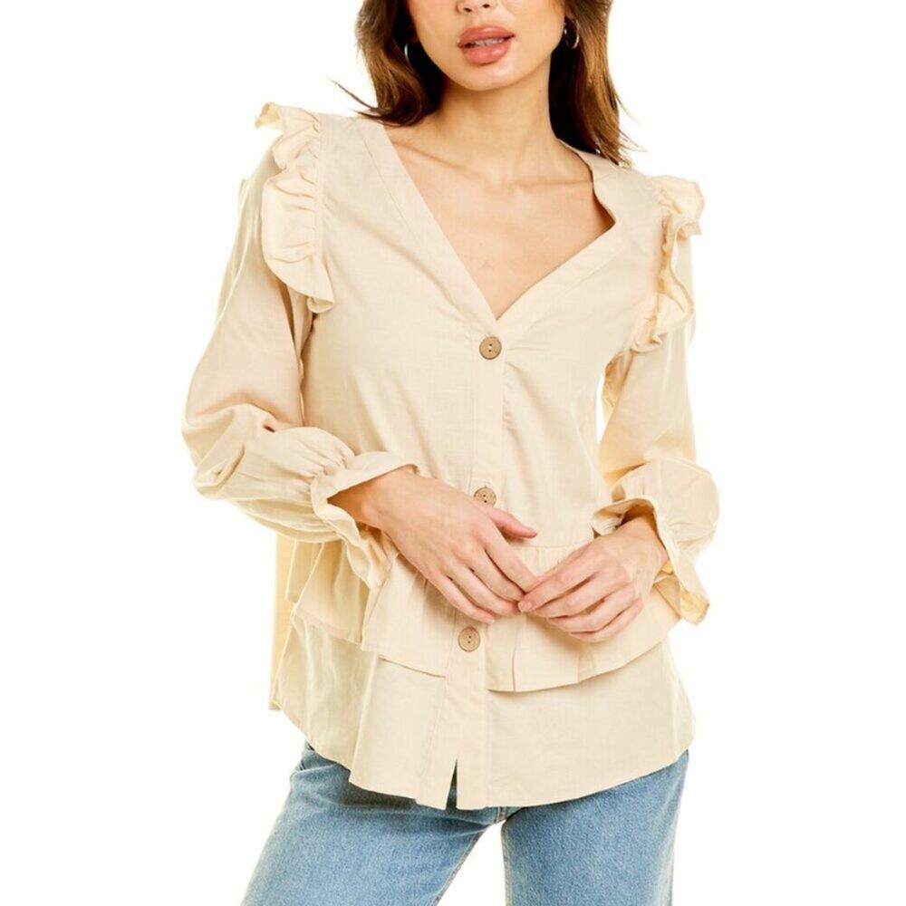 Daisy Lane Size L Cream Cotton Ruffle Blouse Top Neutral Farmhouse Rustic Cowboy